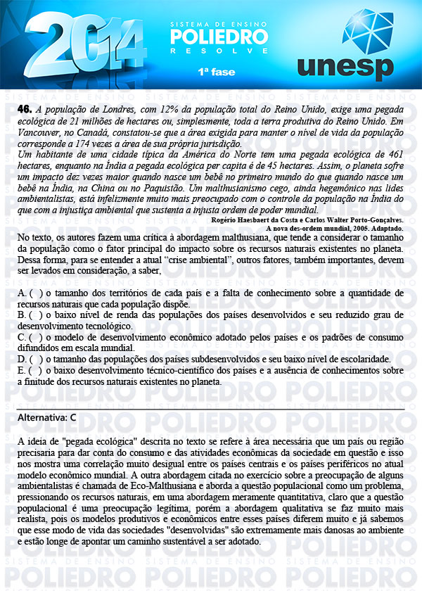Questão 46 - 1ª Fase - UNESP 2014