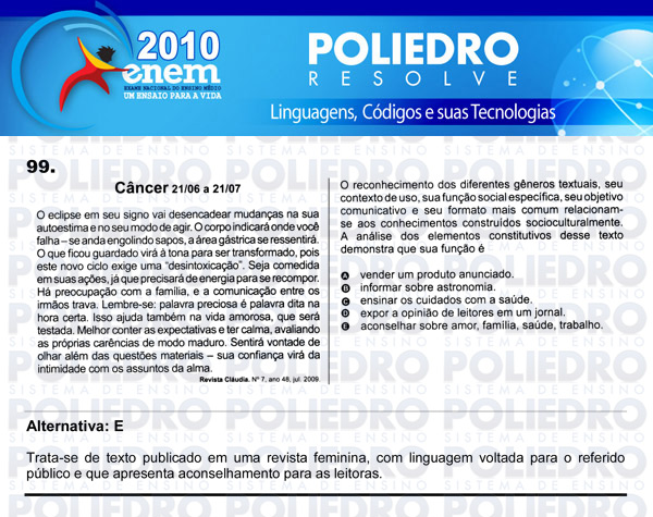 Questão 99 - Domingo (Prova rosa) - ENEM 2010