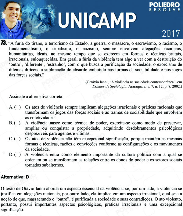 Questão 73 - 1ª Fase - UNICAMP 2017