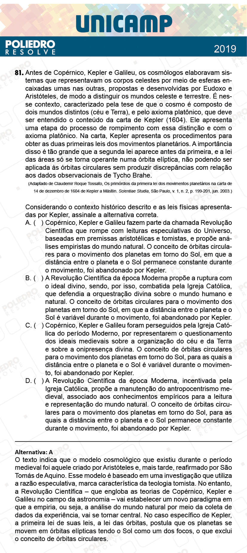 Questão 81 - 1ª Fase - PROVA Q e X - UNICAMP 2019