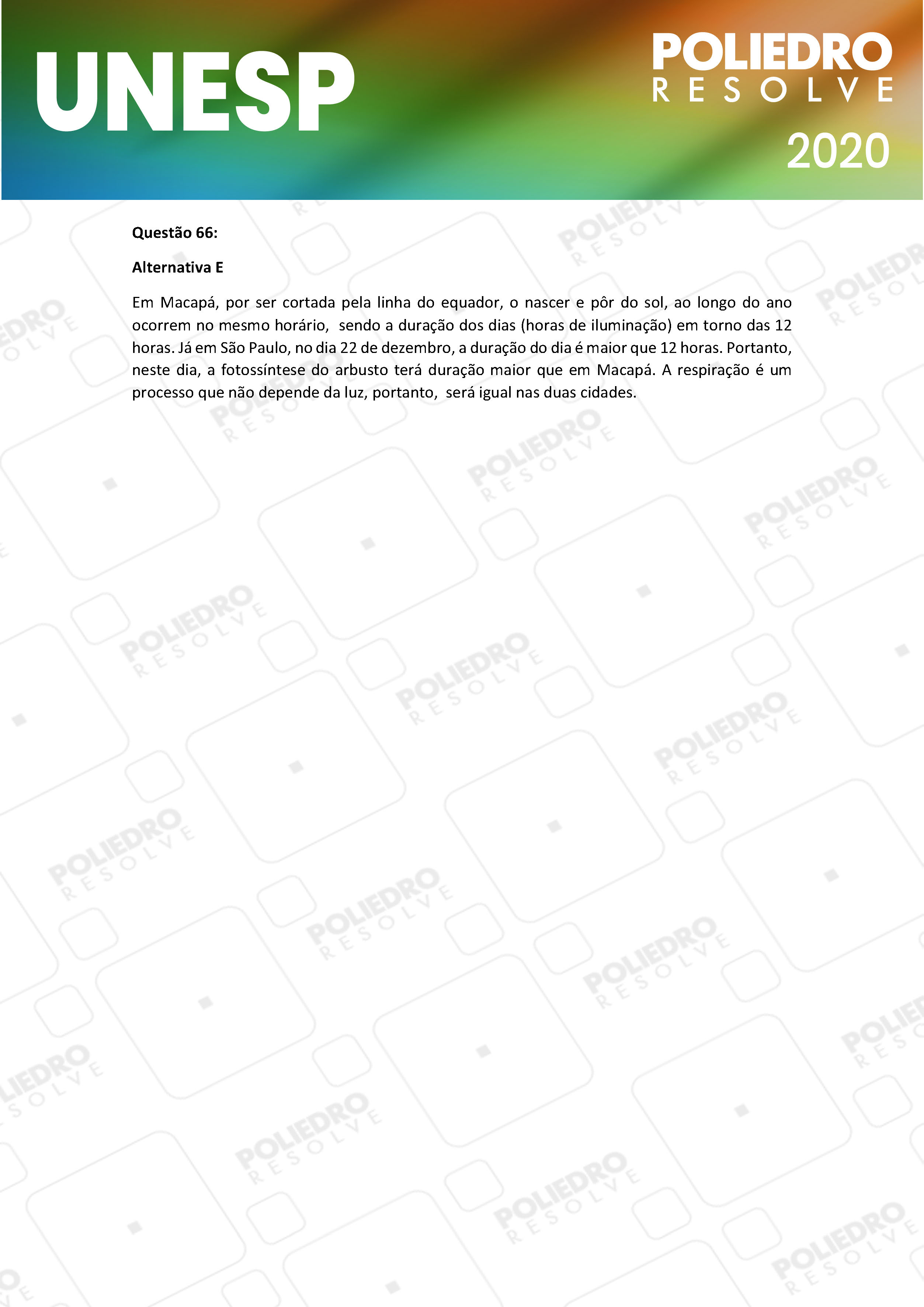 Questão 66 - 1ª Fase - UNESP 2020