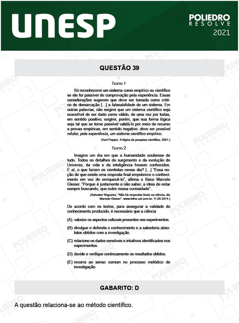 Questão 39 - 2ª Fase - UNESP 2021