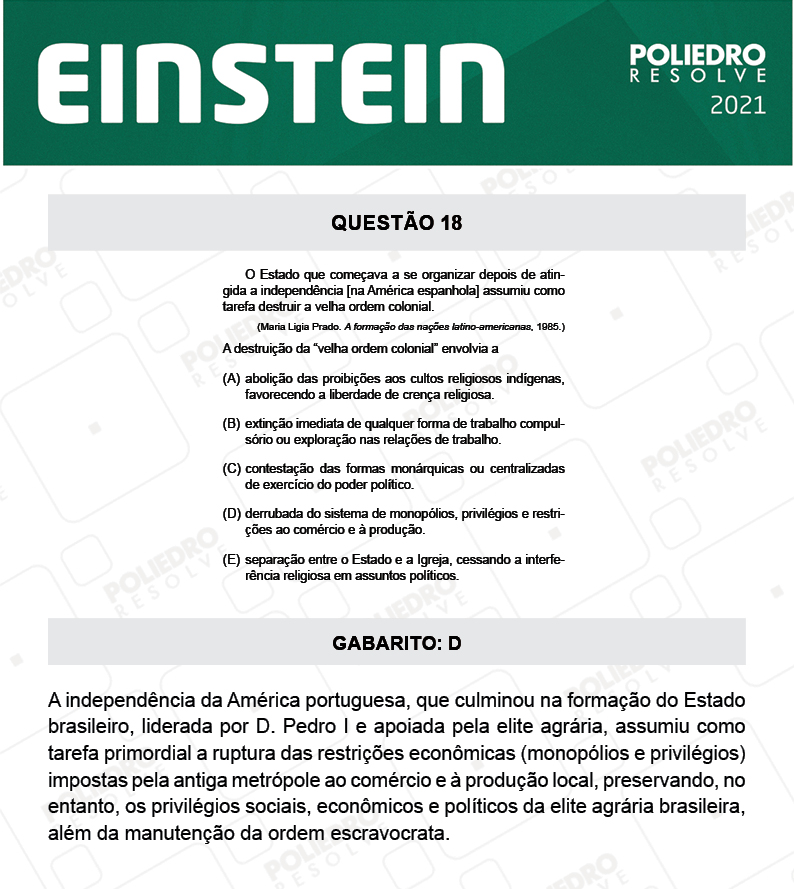 Questão 18 - Fase única - EINSTEIN 2021