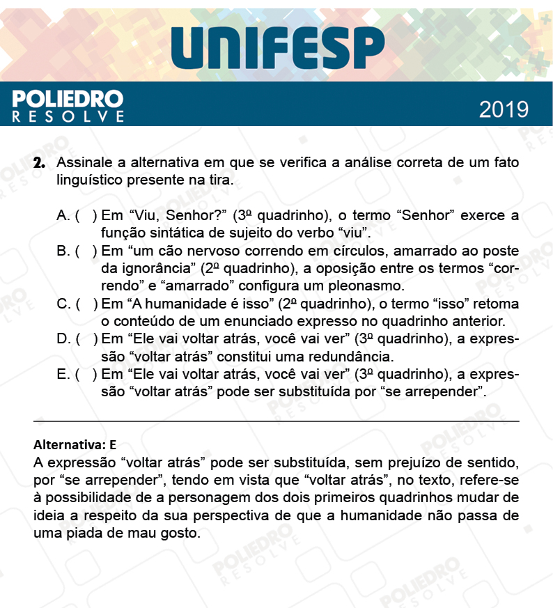 Questão 2 - Fase única - 1º Dia - UNIFESP 2019