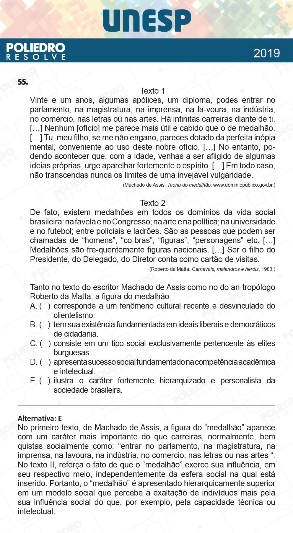 Questão 55 - 1ª Fase - UNESP 2019