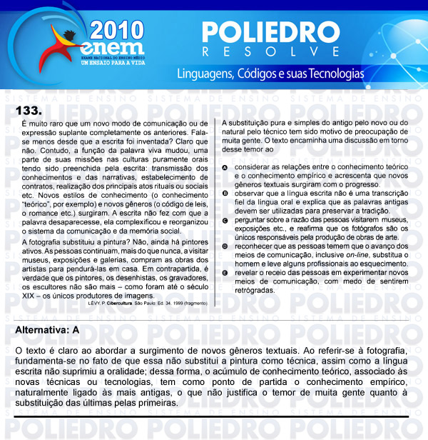 Questão 133 - Domingo (Prova rosa) - ENEM 2010