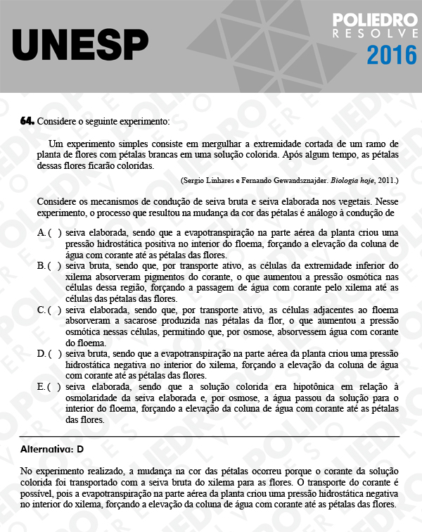 Questão 64 - 1ª Fase - UNESP 2016