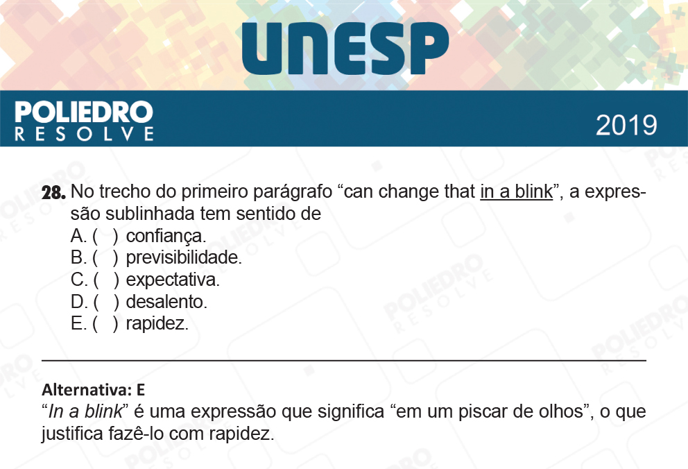 Questão 28 - 1ª Fase - UNESP 2019