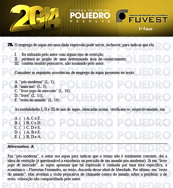 Questão 78 - 1ª Fase - FUVEST 2014