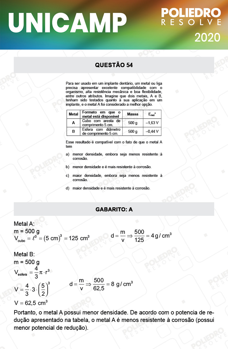 Questão 54 - 1ª Fase - Prova Q e X - UNICAMP 2020