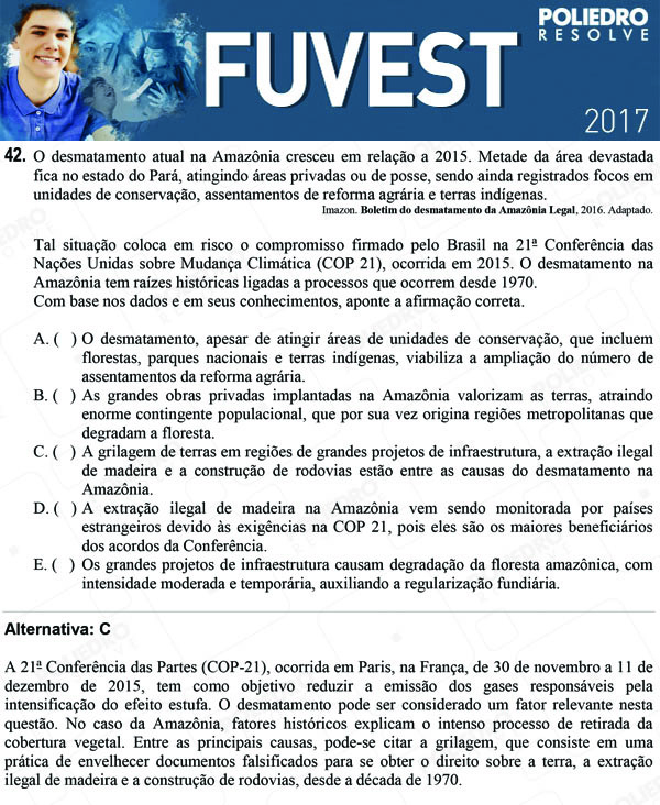 Questão 42 - 1ª Fase - FUVEST 2017