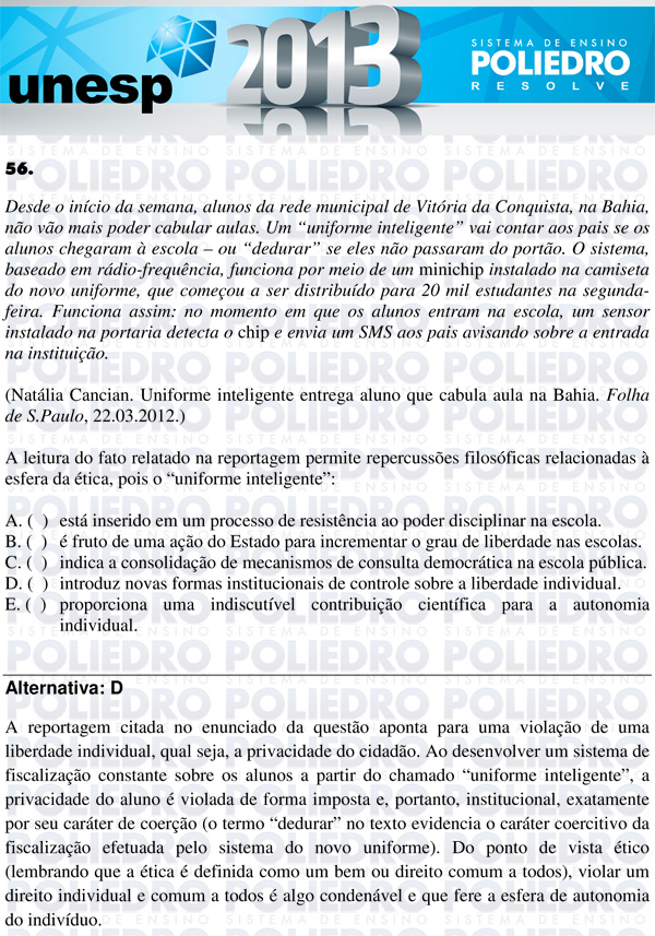 Questão 56 - 1ª Fase - UNESP 2013