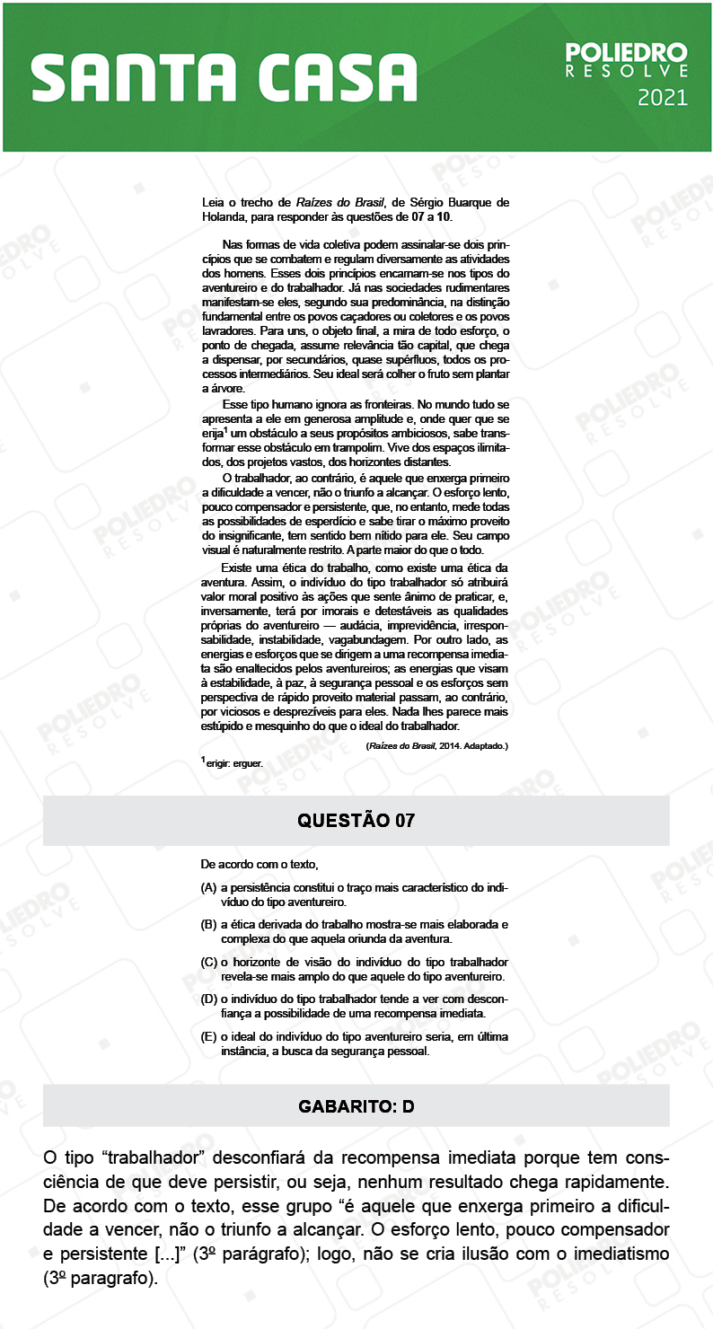 Questão 7 - 1º Dia - SANTA CASA 2021