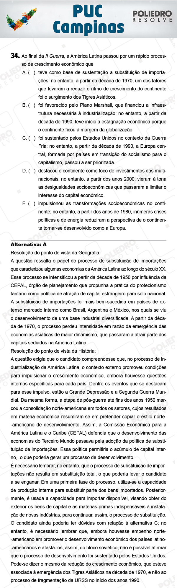 Questão 34 - 1ª Fase - Prova Verde - PUC-Campinas 2018