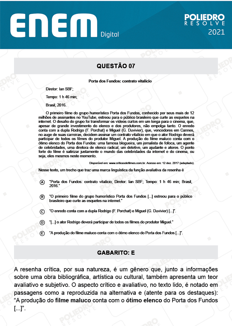 Questão 7 - 1º Dia - Prova Amarela - Espanhol - ENEM DIGITAL 2020