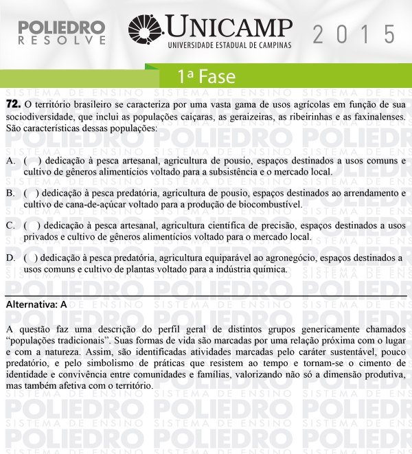 Questão 72 - 1ª Fase - UNICAMP 2015