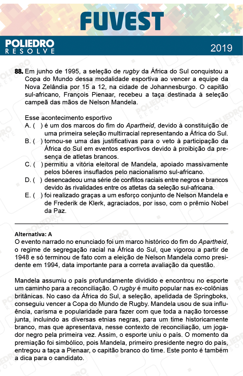 Questão 88 - 1ª Fase - Prova V - FUVEST 2019