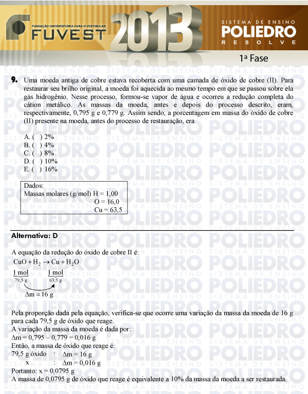 Questão 9 - 1ª Fase - FUVEST 2013