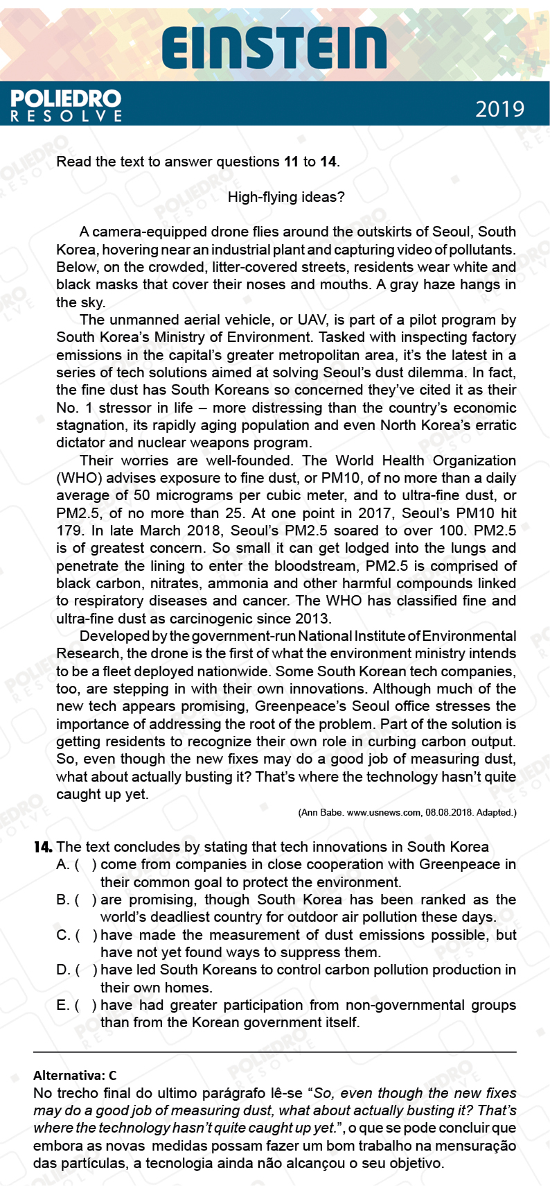 Questão 14 - Fase única - EINSTEIN 2019