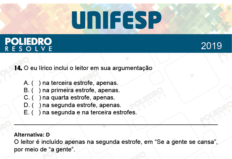 Questão 14 - Fase única - 1º Dia - UNIFESP 2019