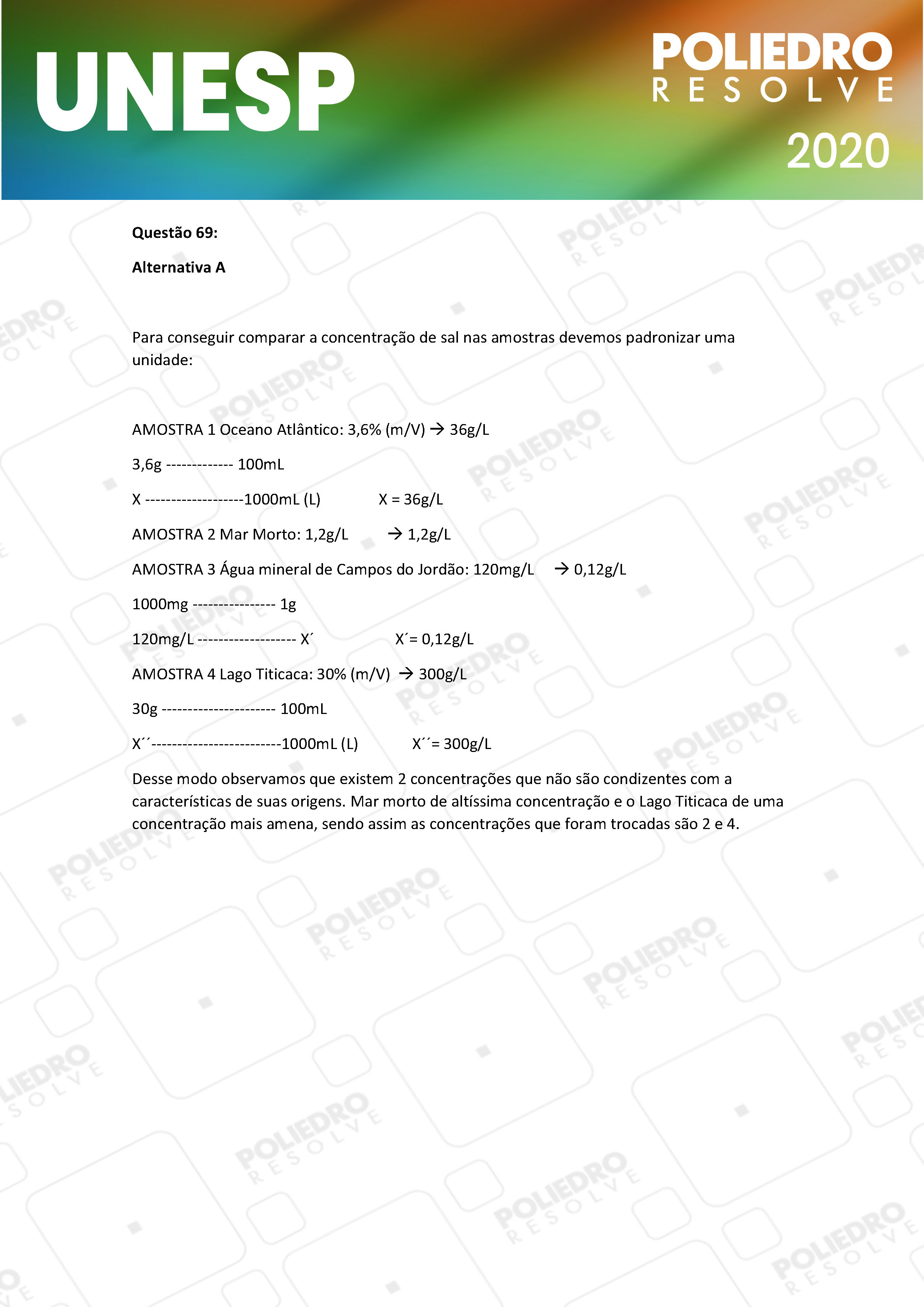 Questão 69 - 1ª Fase - UNESP 2020