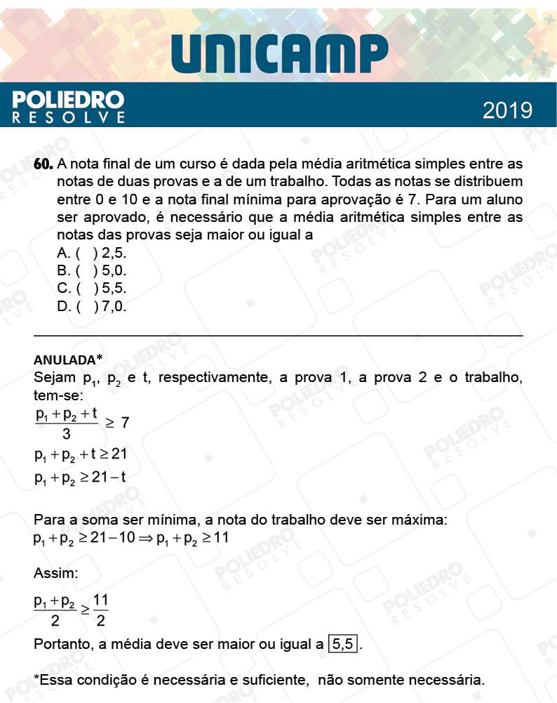 Questão 60 - 1ª Fase - PROVA Q e X - UNICAMP 2019