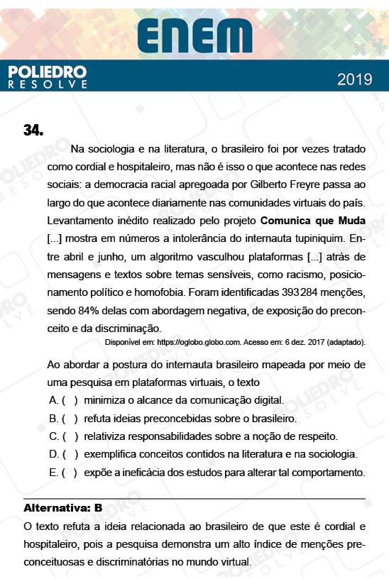 Questão 34 - 1º Dia - PROVA ROSA - ENEM 2018