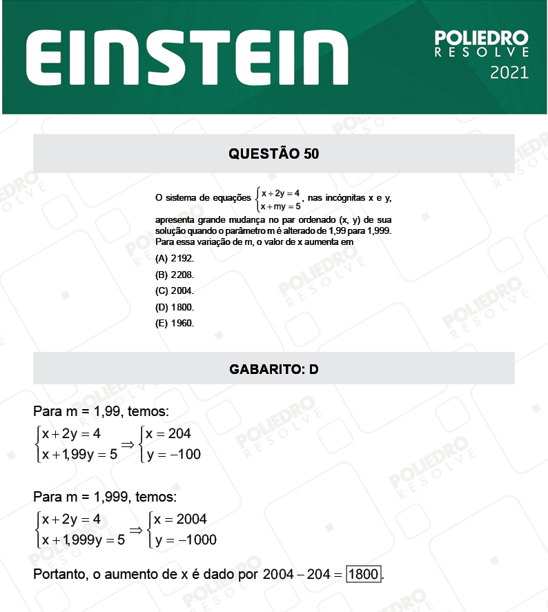 Questão 50 - Fase única - EINSTEIN 2021