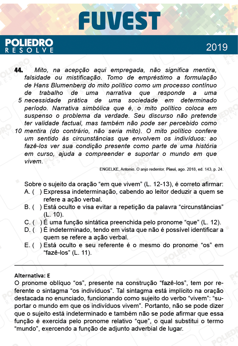 Questão 44 - 1ª Fase - Prova K - FUVEST 2019