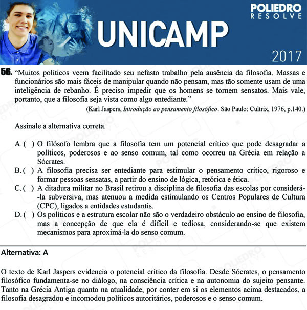 Questão 56 - 1ª Fase - UNICAMP 2017