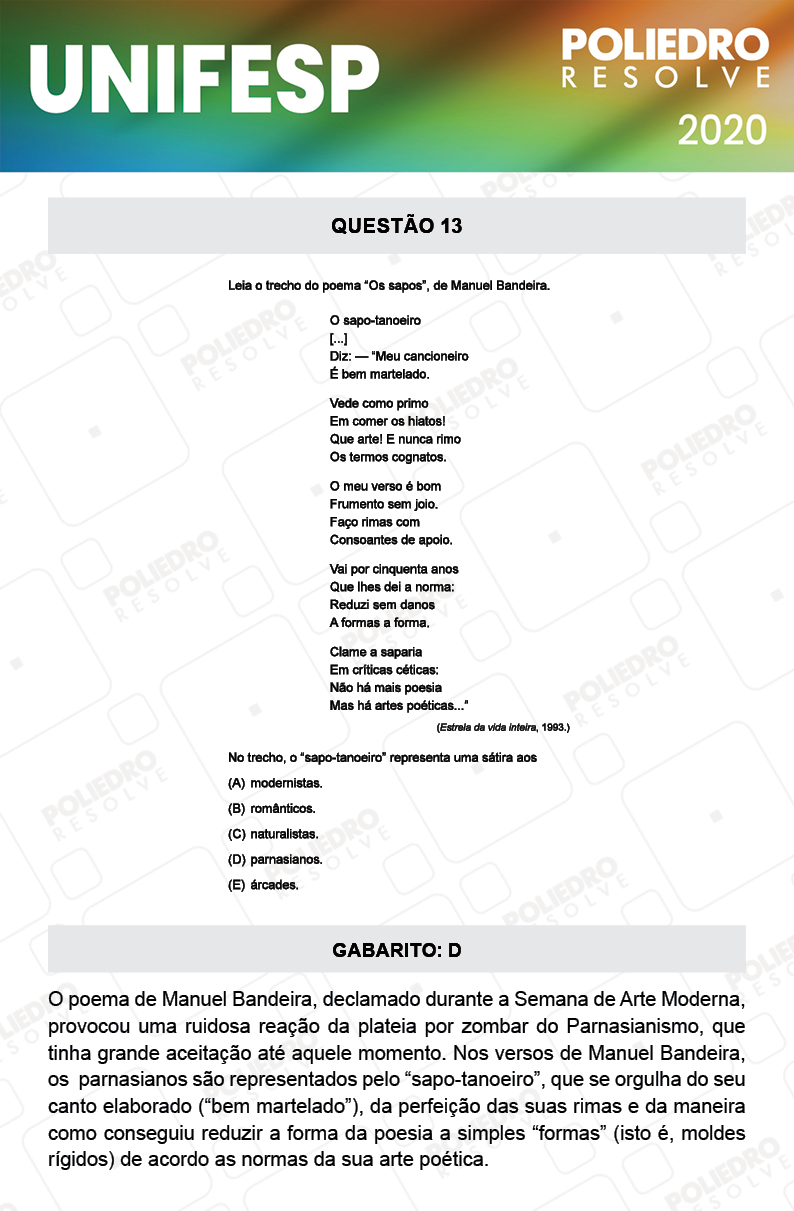 Questão 13 - Fase única - 1º Dia - UNIFESP 2020