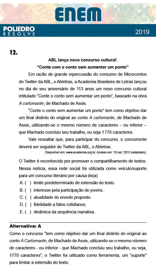 Questão 12 - 1º Dia - Prova BRANCA - ENEM 2018