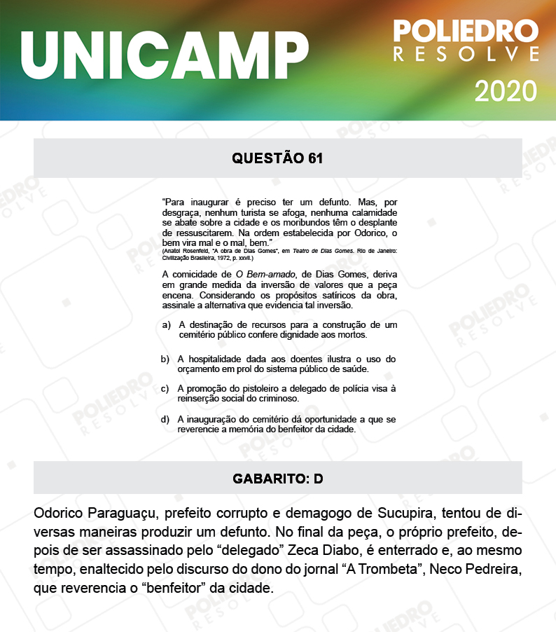 Questão 61 - 1ª Fase - Prova Q e X - UNICAMP 2020