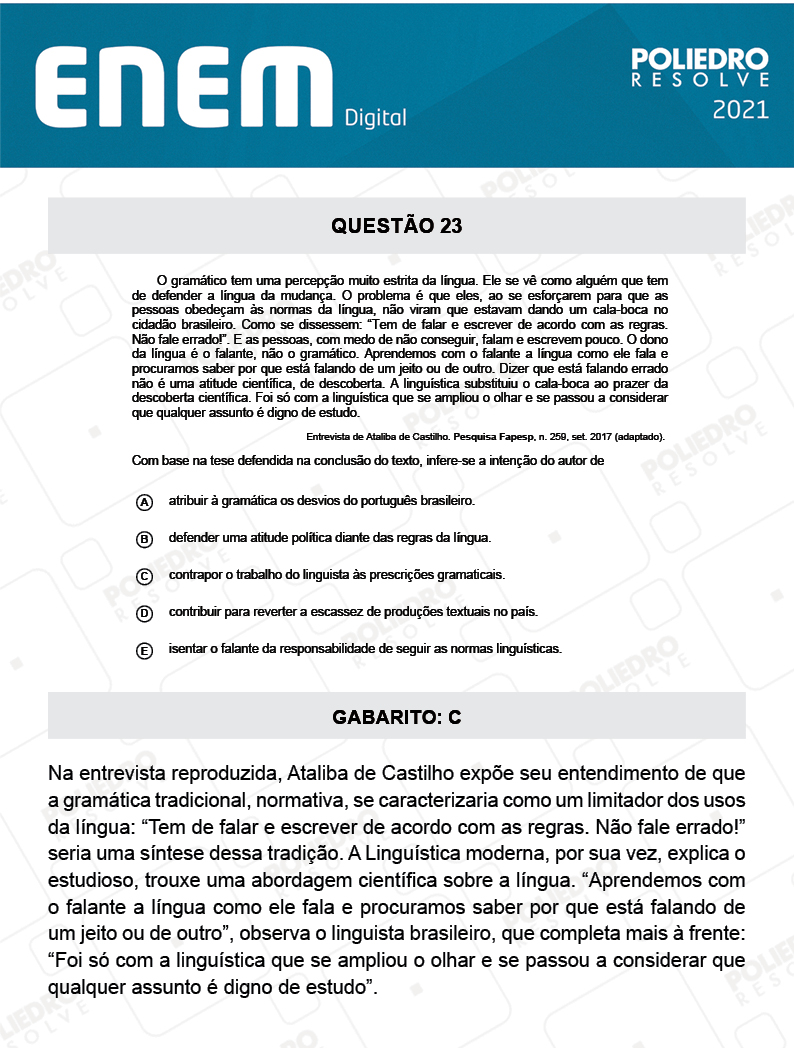 Questão 23 - 1º Dia - Prova Rosa - Inglês - ENEM DIGITAL 2020