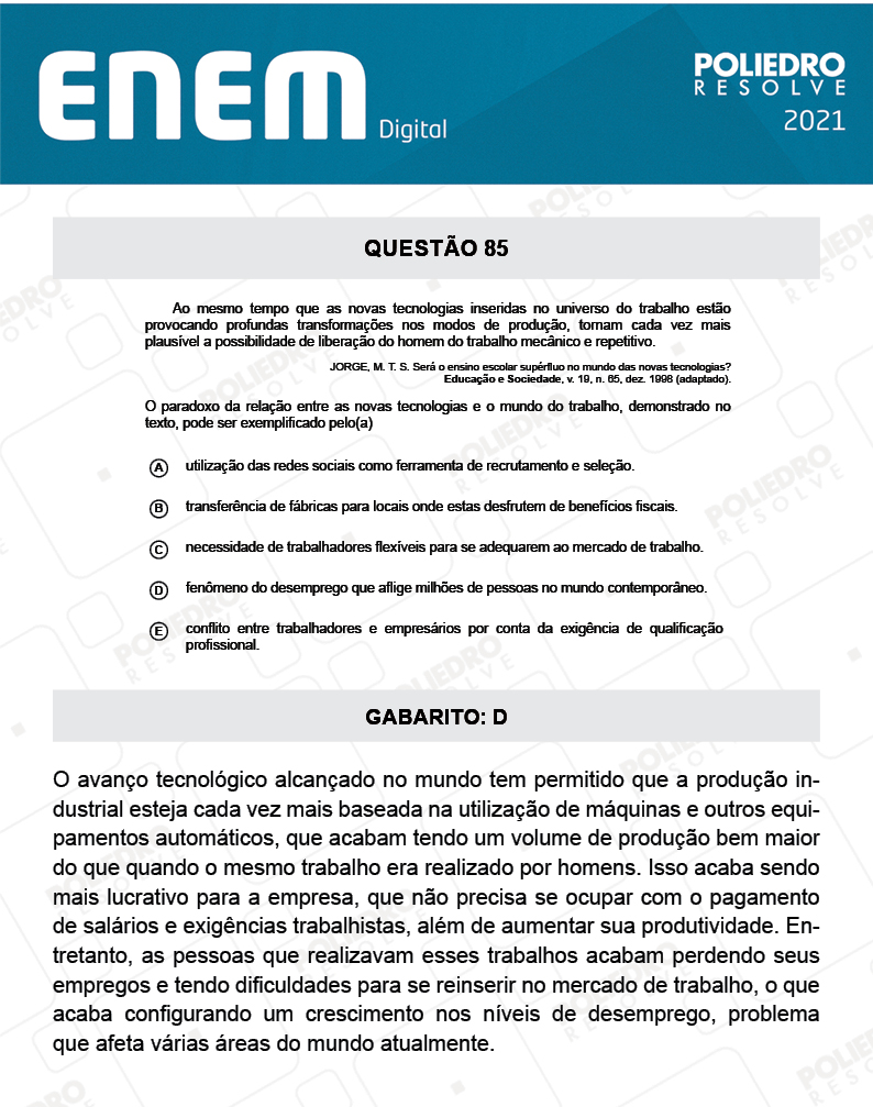 Questão 85 - 1º Dia - Prova Branca - Espanhol - ENEM DIGITAL 2020