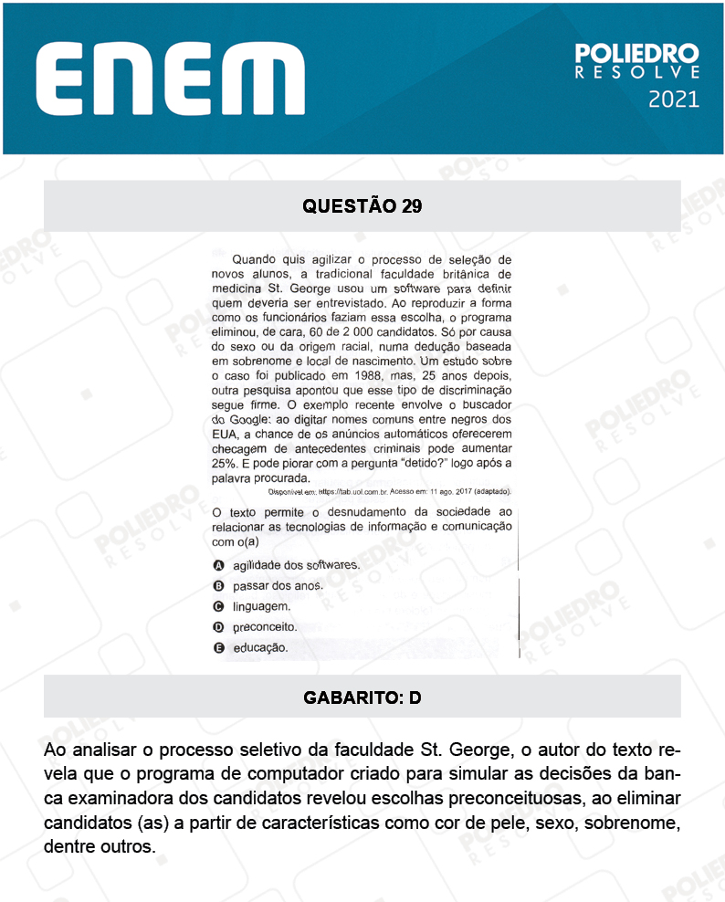 Questão 29 - 1º DIA - Prova Amarela - ENEM 2020