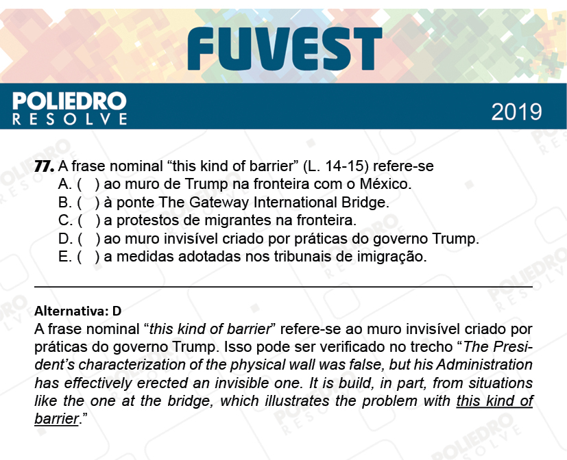 Questão 77 - 1ª Fase - Prova V - FUVEST 2019