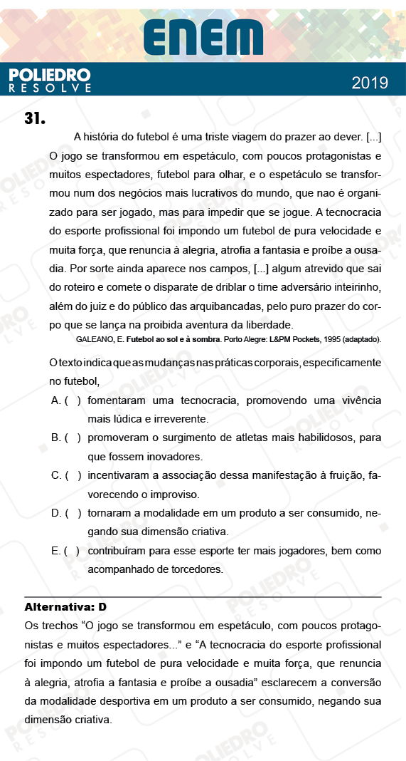 Questão 31 - 1º Dia - Prova AZUL - ENEM 2018