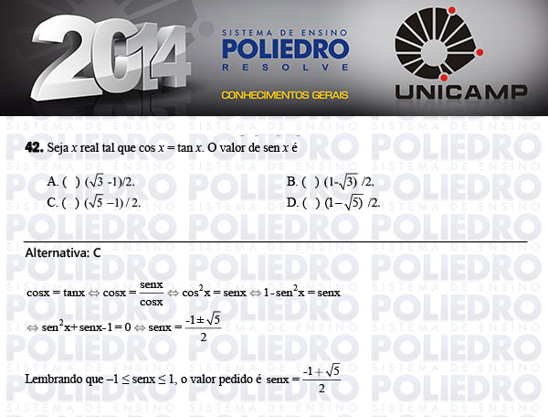 Questão 42 - 1ª Fase - UNICAMP 2014