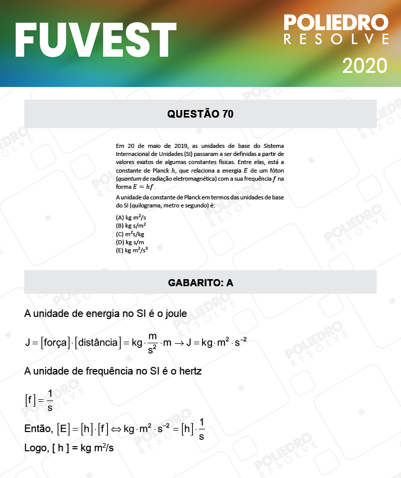 Questão 70 - 1ª Fase - Prova V - FUVEST 2020