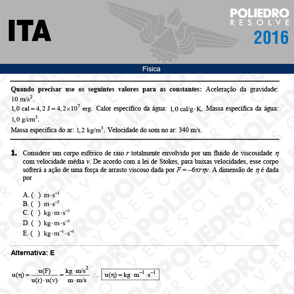 Questão 1 - Física - ITA 2016