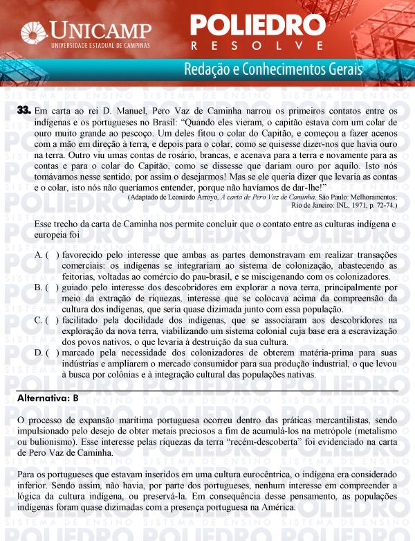 Questão 33 - 1ª Fase Versão Q-Z - UNICAMP 2011