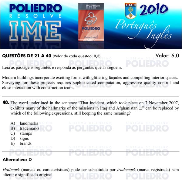 Questão 40 - Português e Inglês - IME 2010