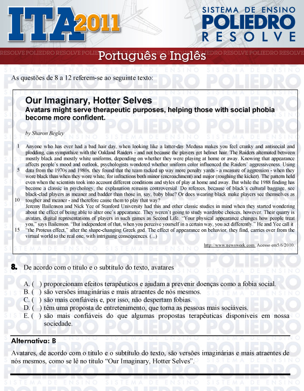 Questão 8 - Português e Inglês - ITA 2011