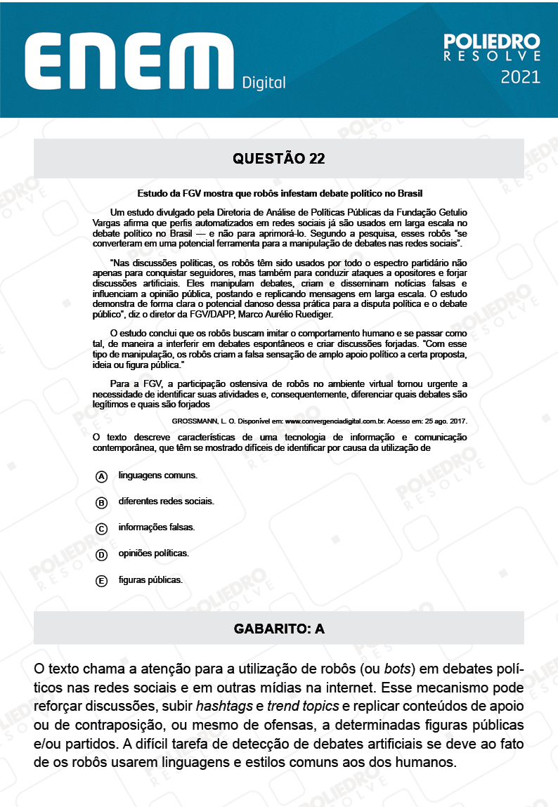 Questão 22 - 1º Dia - Prova Branca - Inglês - ENEM DIGITAL 2020