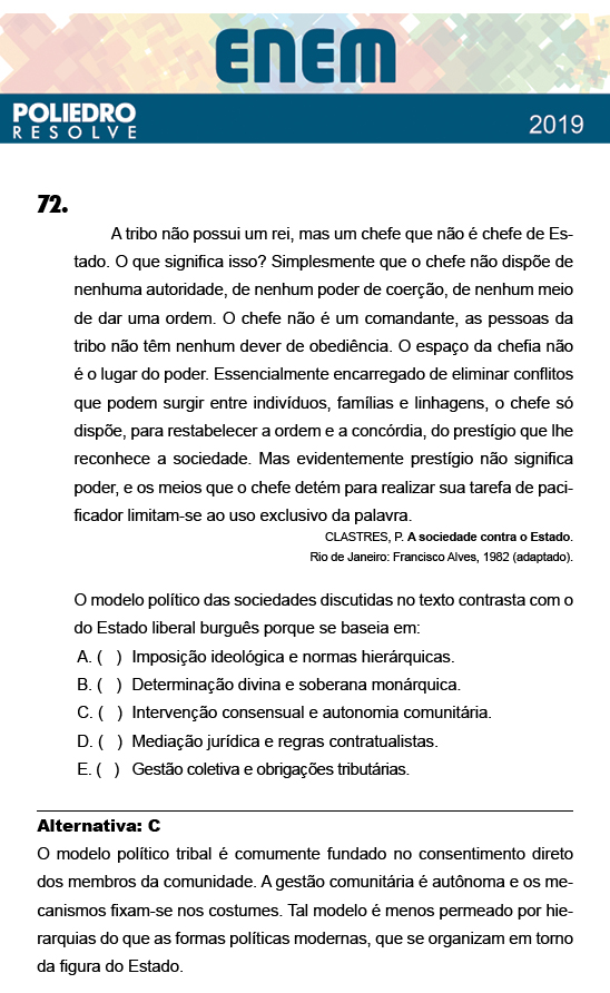 Questão 72 - 1º Dia - Prova BRANCA - ENEM 2018