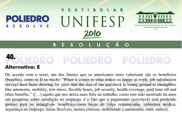 Questão 40 - Português e Inglês - UNIFESP 2010