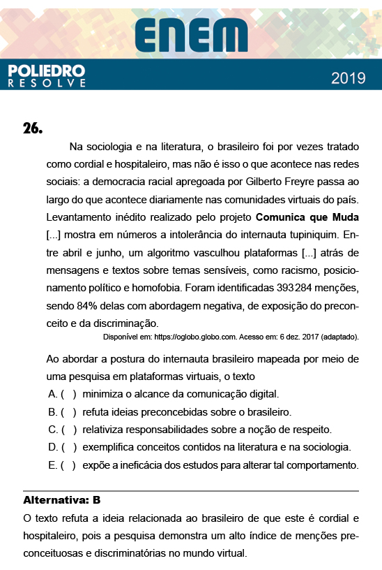 Questão 26 - 1º Dia - Prova BRANCA - ENEM 2018