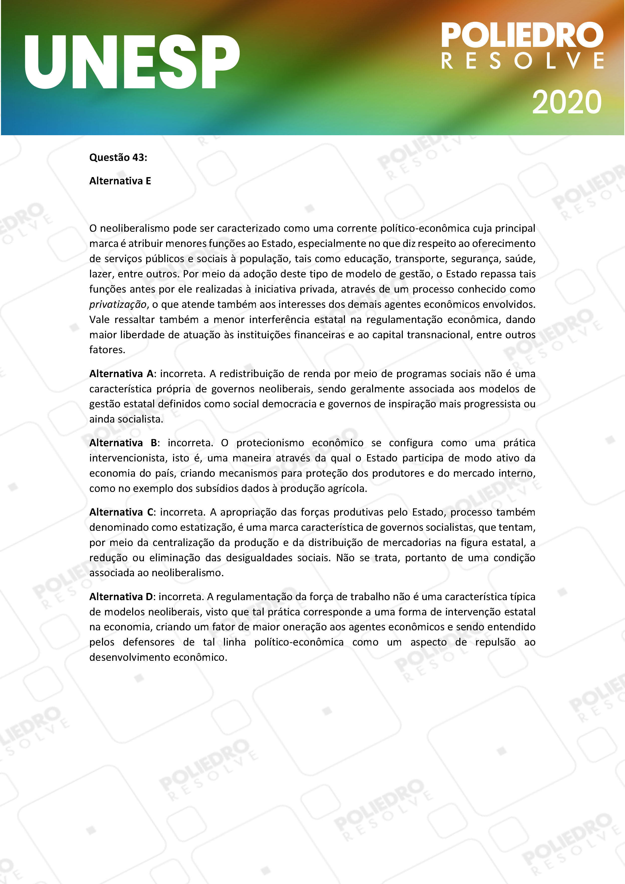 Questão 43 - 1ª Fase - UNESP 2020