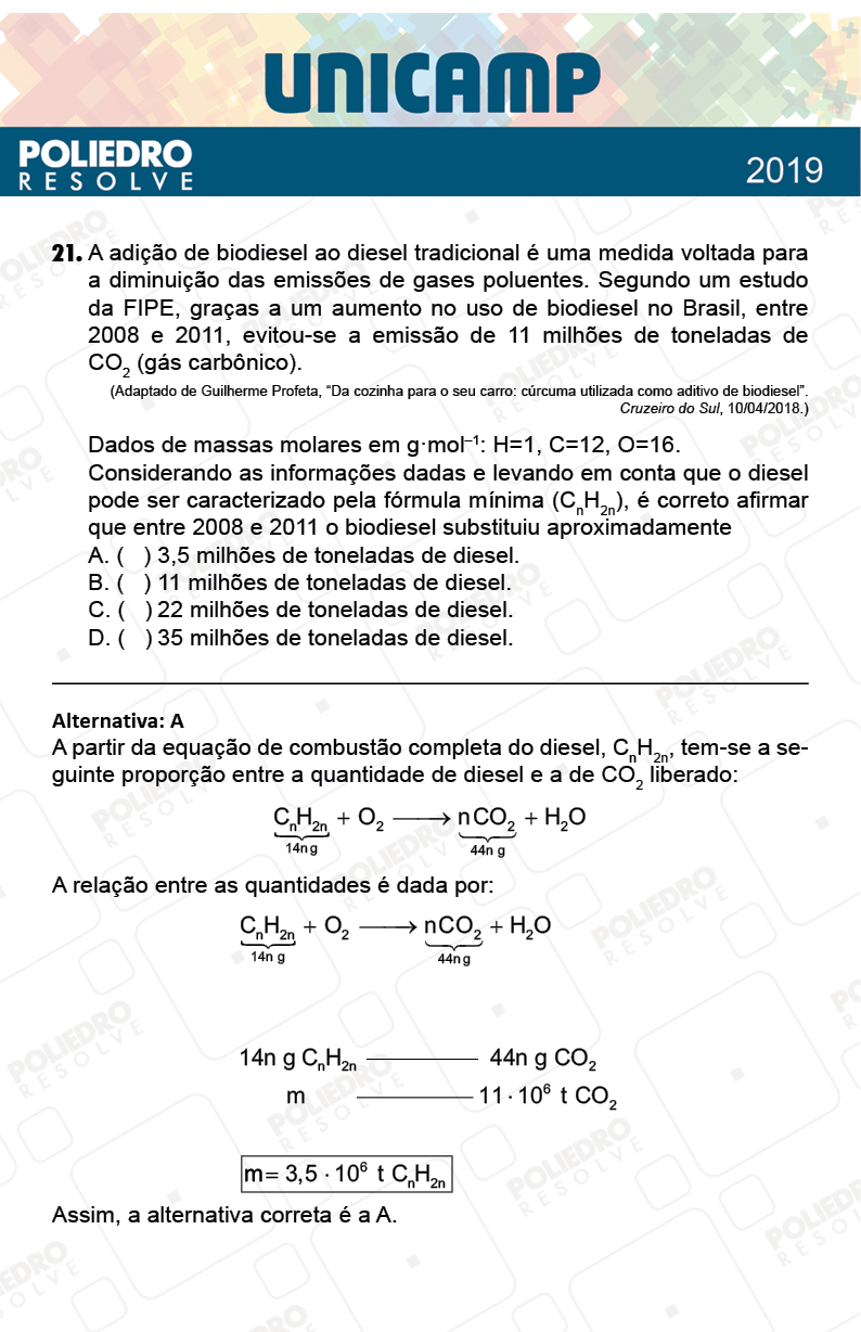 Questão 21 - 1ª Fase - PROVA Q e X - UNICAMP 2019